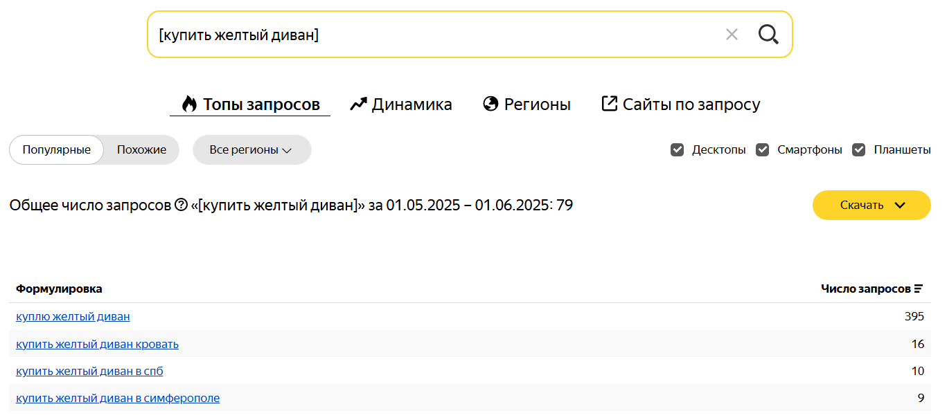 Пример запроса в Яндекс Вордстате с квадратными скобками