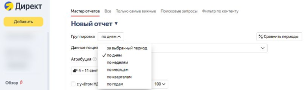 Выбор временного диапазона для отчета в Яндекс Директе